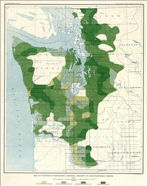 A map of western washington state that shows counties outlined with overlays of different shades of green and light blue bodies of water